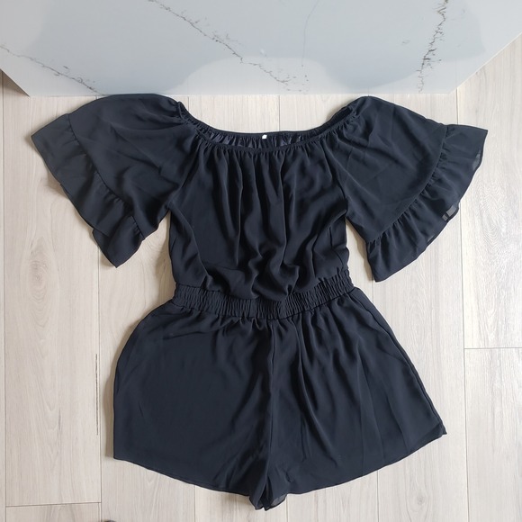 Unbranded Pants - Off Shoulder Romper Womens XL Black Chiffon Flowy Jumpsuit
